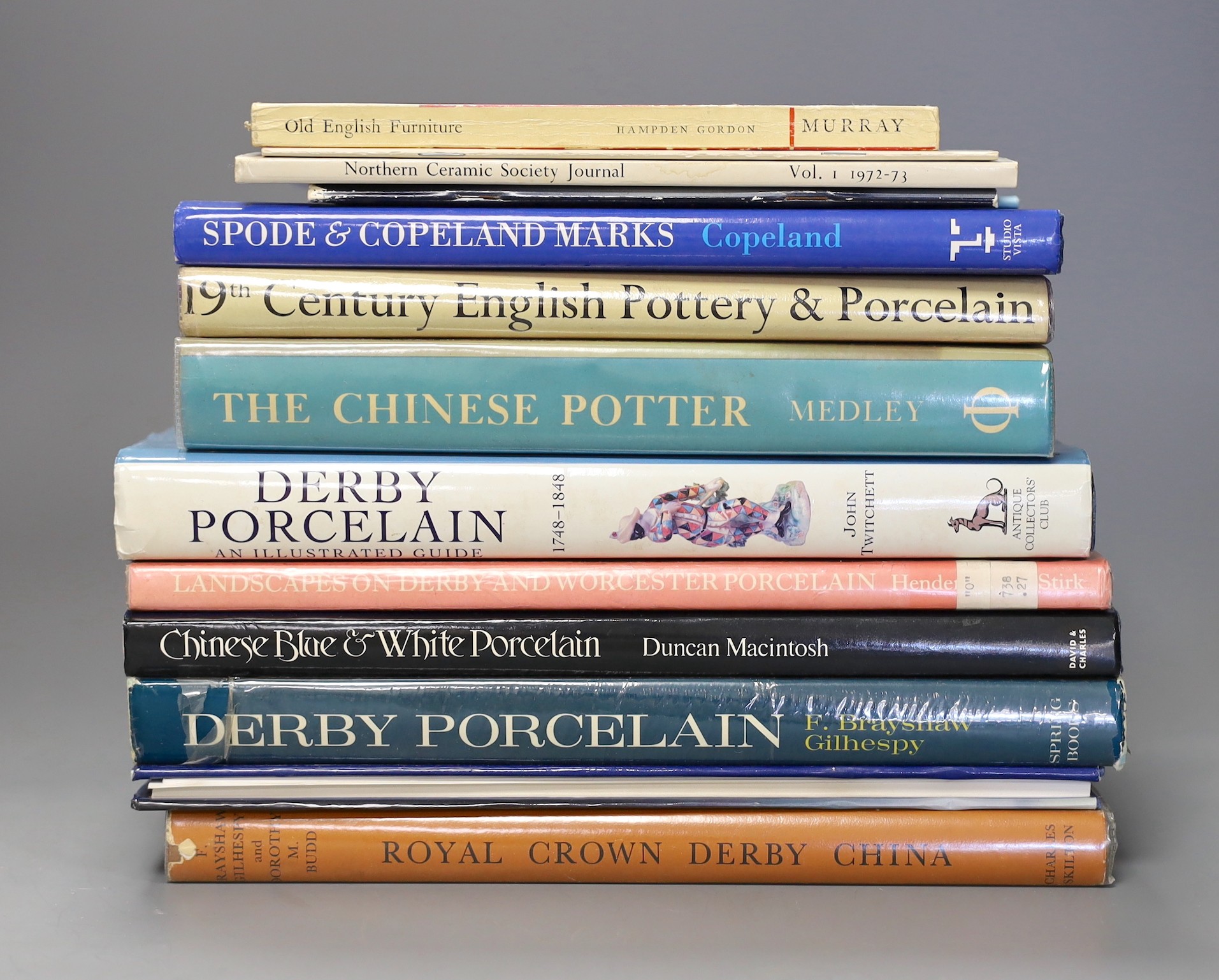 A collection of ceramic reference books, to include ‘The Chinese Potter’, ‘19th century English Pottery and Porcelain’, and ‘Derby Porcelain’, (14)